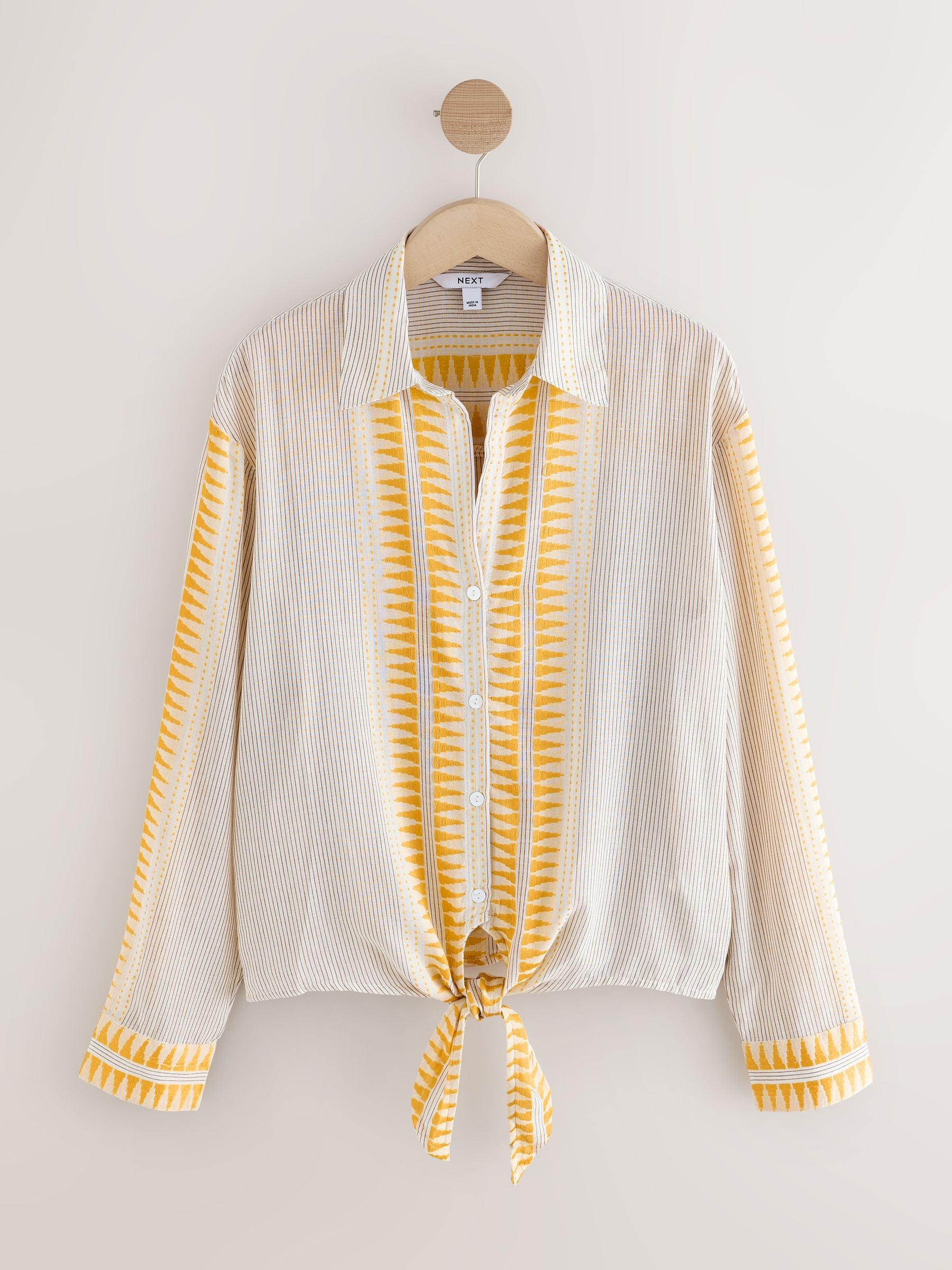Buy Cream Striped Jaquard Embroidered Detail Tie Front Shirt