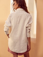 Neutral/Brown Stripe 100% Linen Button Down Relaxed Long Sleeve Shirt - Image 4 of 9