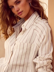 Neutral/Brown Stripe 100% Linen Button Down Relaxed Long Sleeve Shirt - Image 5 of 9