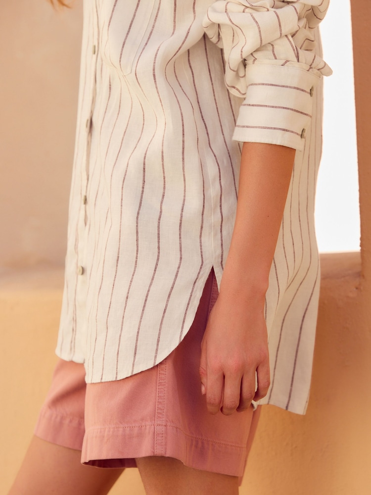Neutre/Brown Rayure - 100% Lin Button Down Relaxed Manches longues Chemises - Image 6 of 9