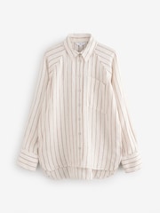 Neutral/Brown Stripe 100% Linen Button Down Relaxed Long Sleeve Shirt - Image 7 of 9