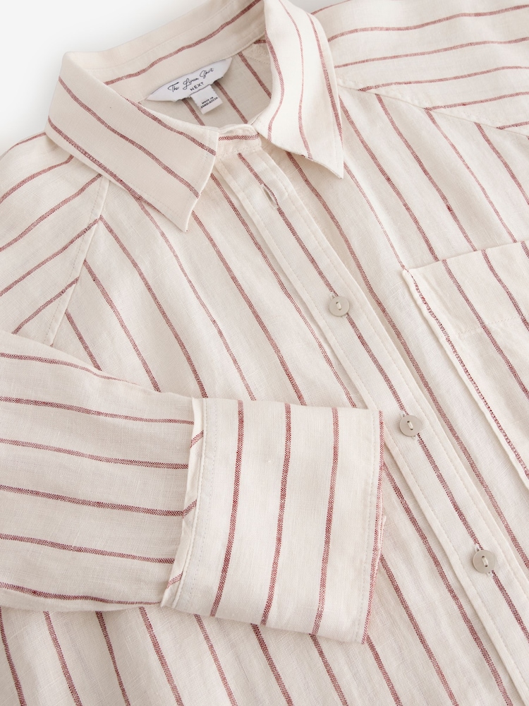Neutral/Brown Stripe 100% Linen Button Down Relaxed Long Sleeve Shirt - Image 9 of 9