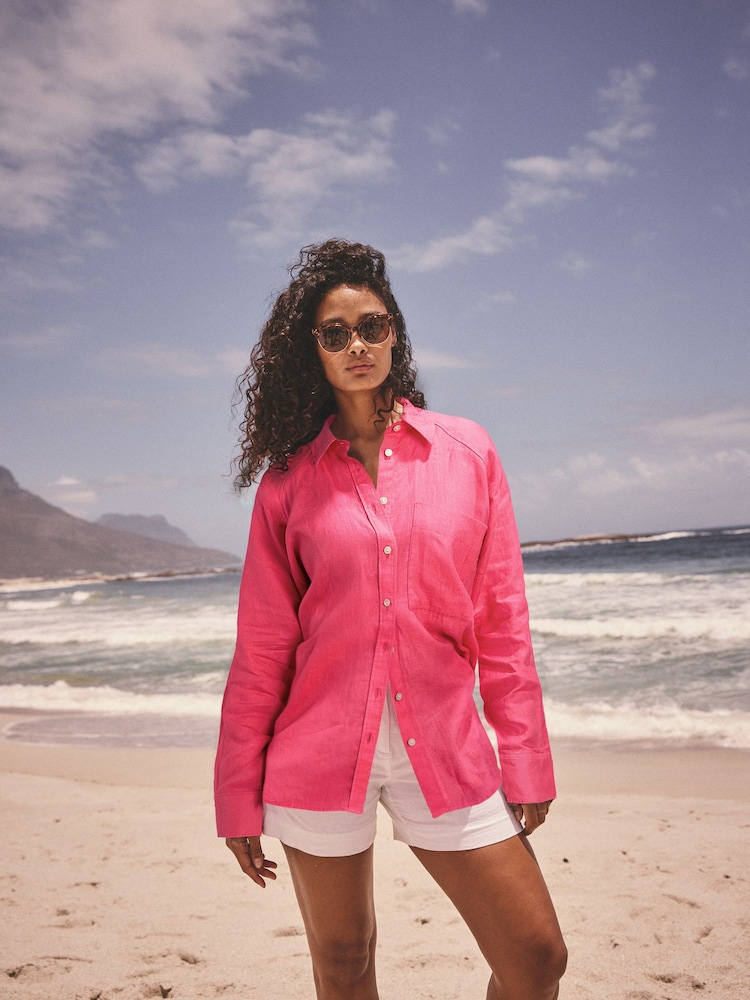 Fuschia Pink 100% Linen Button Down Relaxed Long Sleeve Shirt - Image 1 of 6