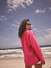 Fuschia Pink 100% Linen Button Down Relaxed Long Sleeve Shirt - Image 2 of 6