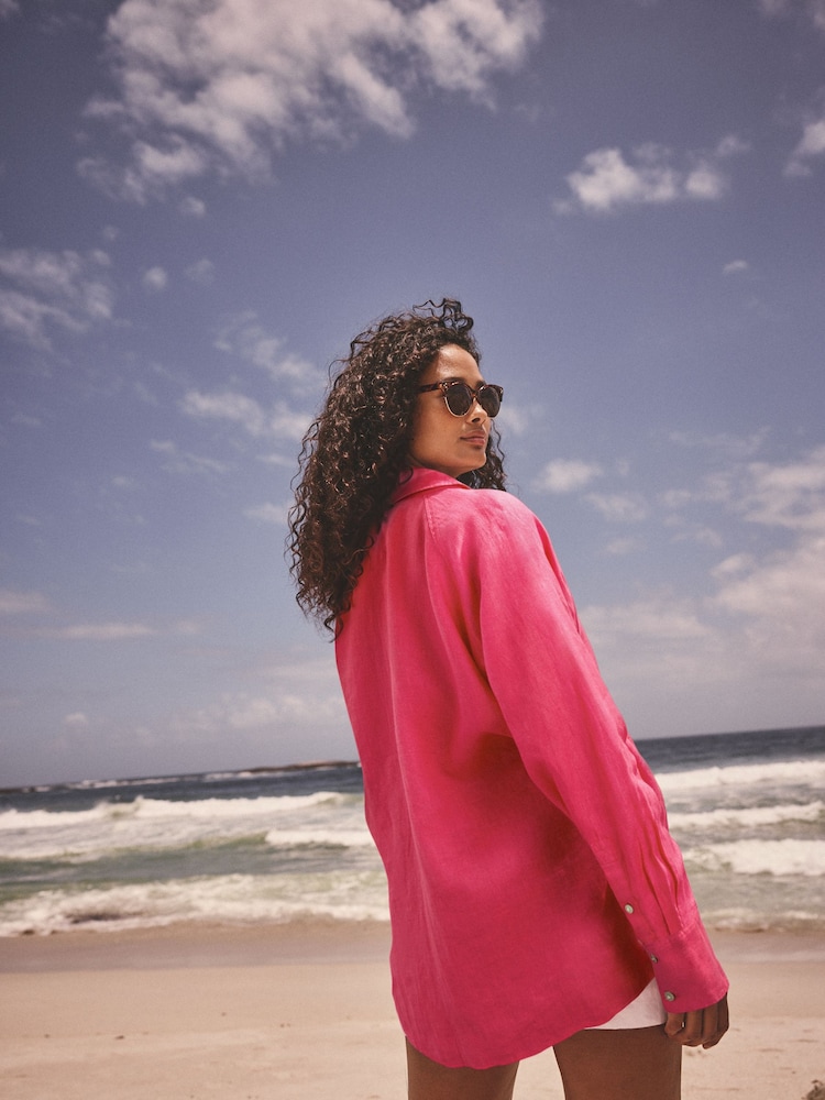 Fuschia Pink 100% Linen Button Down Relaxed Long Sleeve Shirt - Image 2 of 6