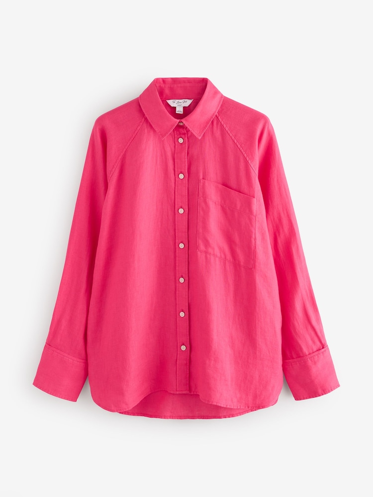 Fuschia Pink 100% Linen Button Down Relaxed Long Sleeve Shirt - Image 4 of 6