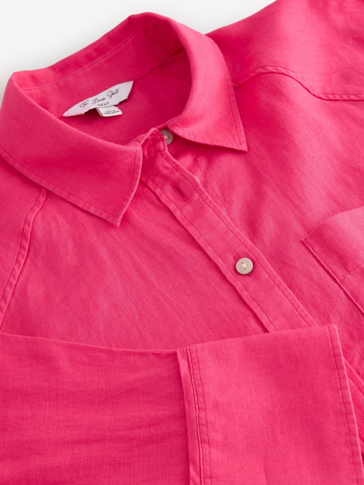 Fuschia Pink 100% Linen Button Down Relaxed Long Sleeve Shirt - Image 6 of 6