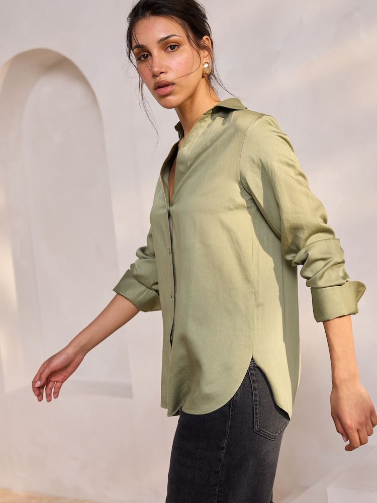 Khaki Green Satin Linen Open Neck Shirt - Image 2 of 9