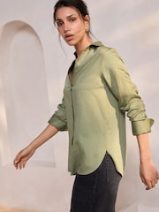 Khaki Green Satin Linen Open Neck Shirt - Image 3 of 9