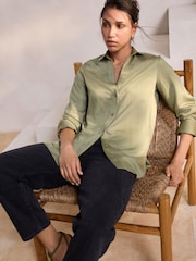 Khaki Green Satin Linen Open Neck Shirt - Image 5 of 9
