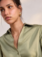 Khaki Green Satin Linen Open Neck Shirt - Image 6 of 9