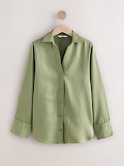 Khaki Green Satin Linen Open Neck Shirt - Image 7 of 9