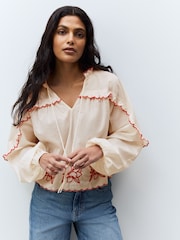 Cream/Red Embriodered Long Sleeve 100% Cotton Blouse - Image 1 of 8