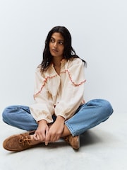 Cream/Red Embriodered Long Sleeve 100% Cotton Blouse - Image 2 of 8