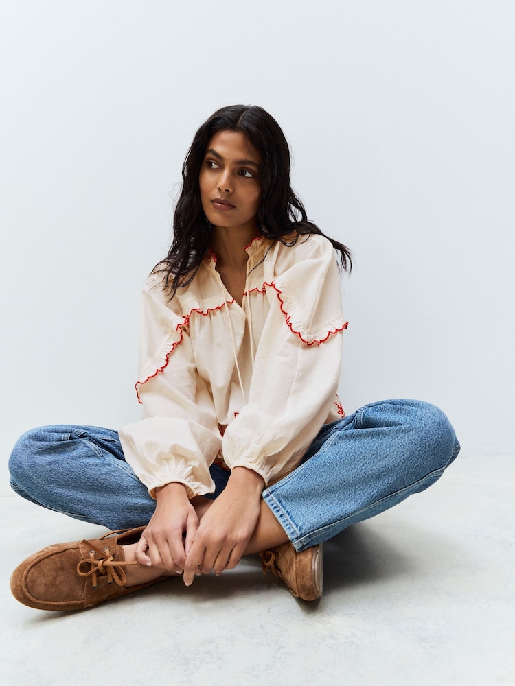 Cream/Red Embriodered Long Sleeve 100% Cotton Blouse - Image 2 of 8