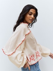 Cream/Red Embriodered Long Sleeve 100% Cotton Blouse - Image 3 of 8