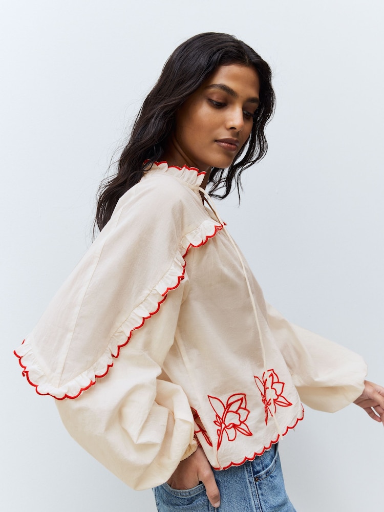 Cream/Red Embriodered Long Sleeve 100% Cotton Blouse - Image 3 of 8