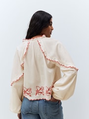 Cream/Red Embriodered Long Sleeve 100% Cotton Blouse - Image 4 of 8