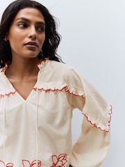 Cream/Red Embriodered Long Sleeve 100% Cotton Blouse - Image 5 of 8