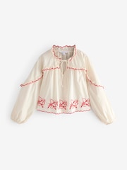 Cream/Red Embriodered Long Sleeve 100% Cotton Blouse - Image 6 of 8
