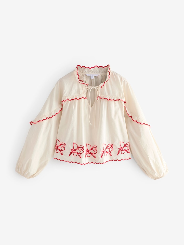 Cream/Red Embriodered Long Sleeve 100% Cotton Blouse - Image 6 of 8