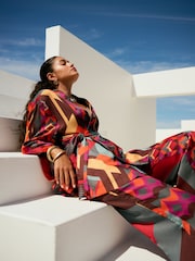 Red Geometric Print Satin Textured Drape Kimono - Image 1 of 7
