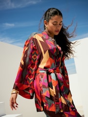 Red Geometric Print Satin Textured Drape Kimono - Image 3 of 7