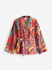 Red Geometric Print Satin Textured Drape Kimono - Image 6 of 7