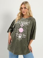 Yours Curve Green Acid Wash Cosmic Oversized T-Shirt - Image 1 of 6