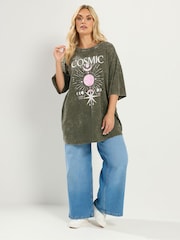 Yours Curve Green Acid Wash Cosmic Oversized T-Shirt - Image 3 of 6