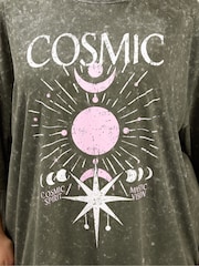 Yours Curve Green Acid Wash Cosmic Oversized T-Shirt - Image 4 of 6