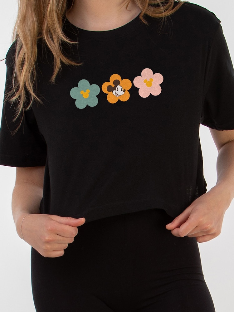 Brands In Black Womens Disney Mickey Mouse Flowers Cropped 100% Cotton T-Shirt - Image 2 of 2