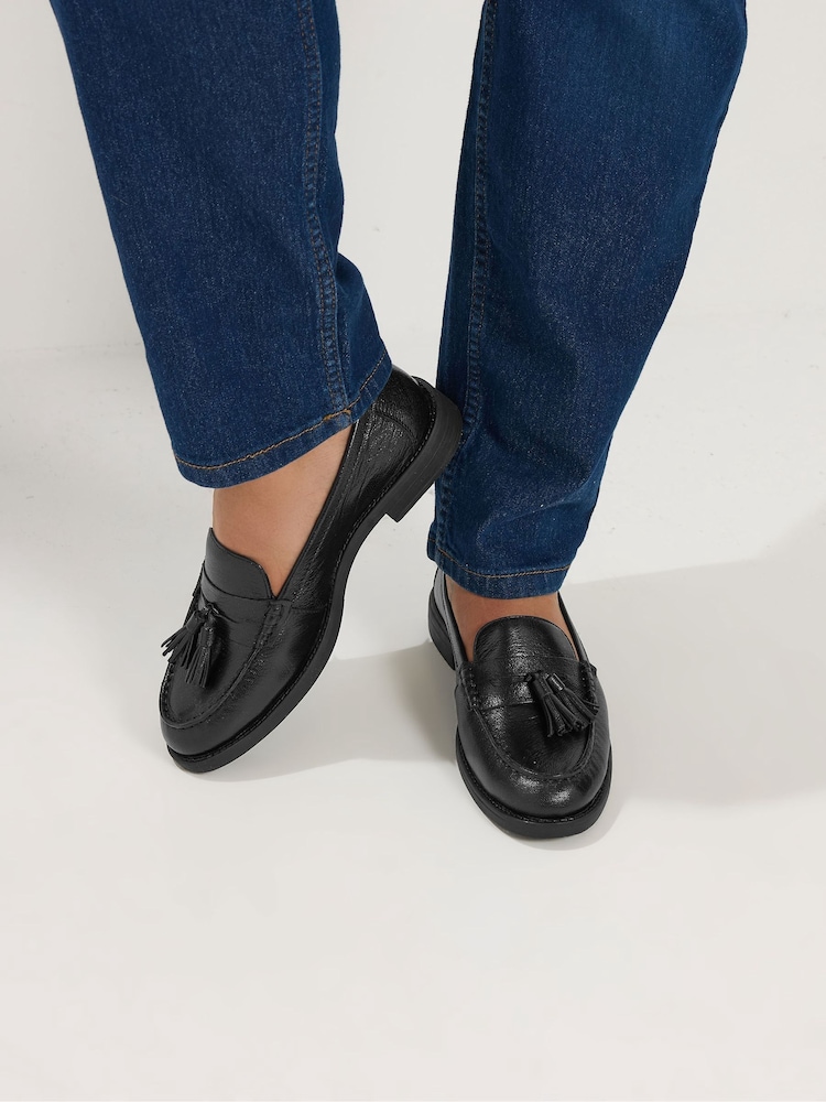 Yours Curve Black Wide Fit Tassel Trim Leather Loafers - Image 1 of 1