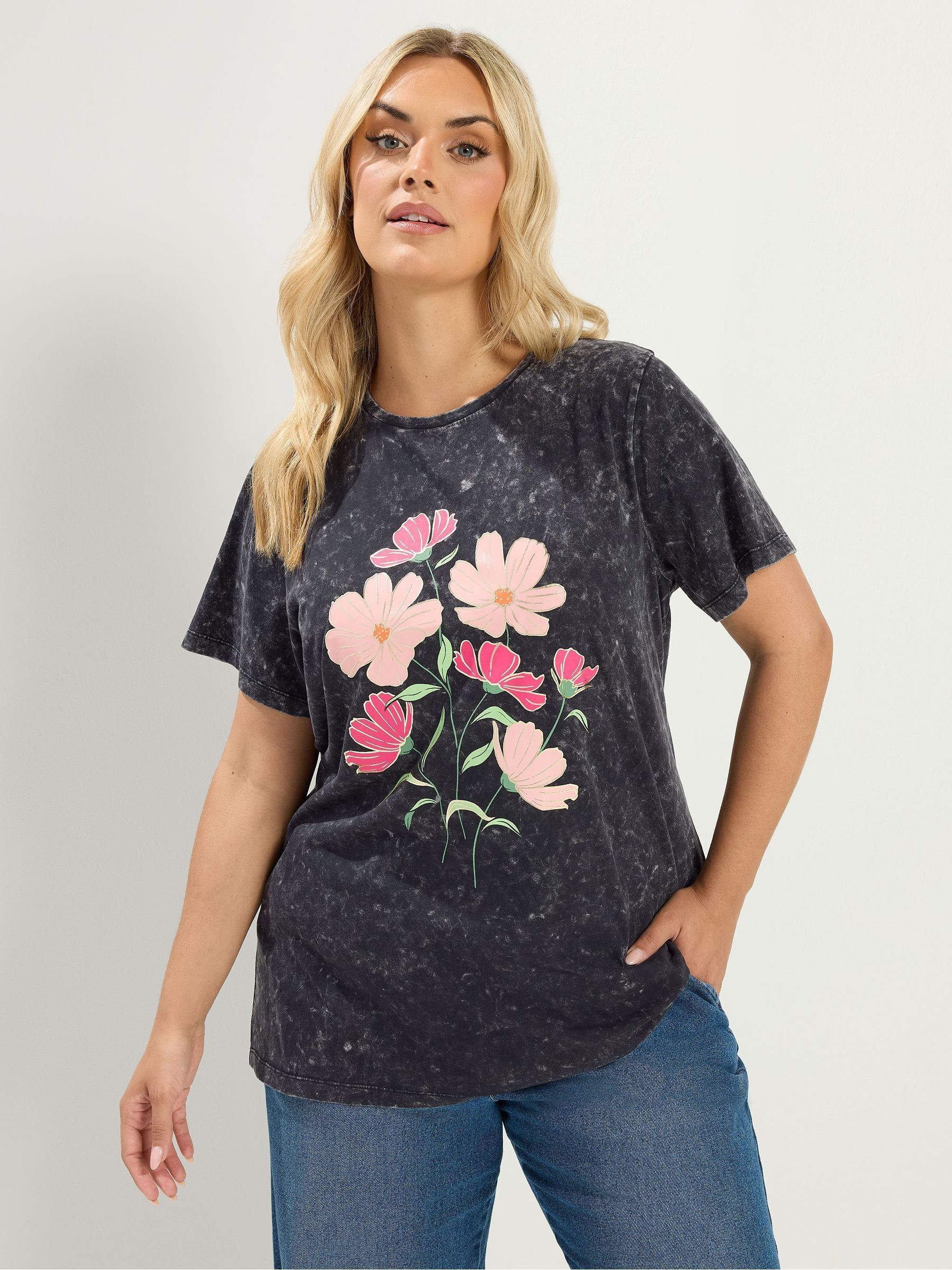 Yours Curve Women's Grey Acid Wash Flower T-Shirt