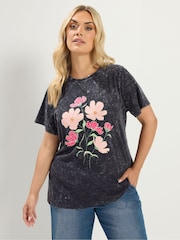 Yours Curve Grey Acid Wash Flower T-Shirt - Image 1 of 6
