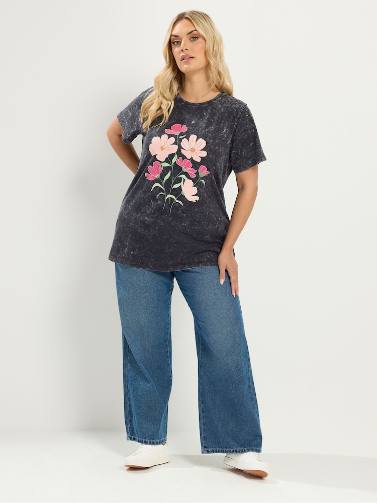 Yours Curve Grey Acid Wash Flower T-Shirt - Image 2 of 6