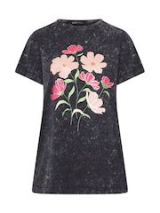 Yours Curve Grey Acid Wash Flower T-Shirt - Image 4 of 6