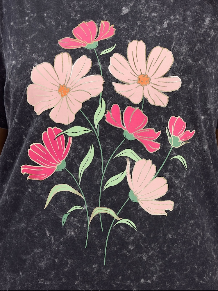 Yours Curve Grey Acid Wash Flower T-Shirt - Image 6 of 6