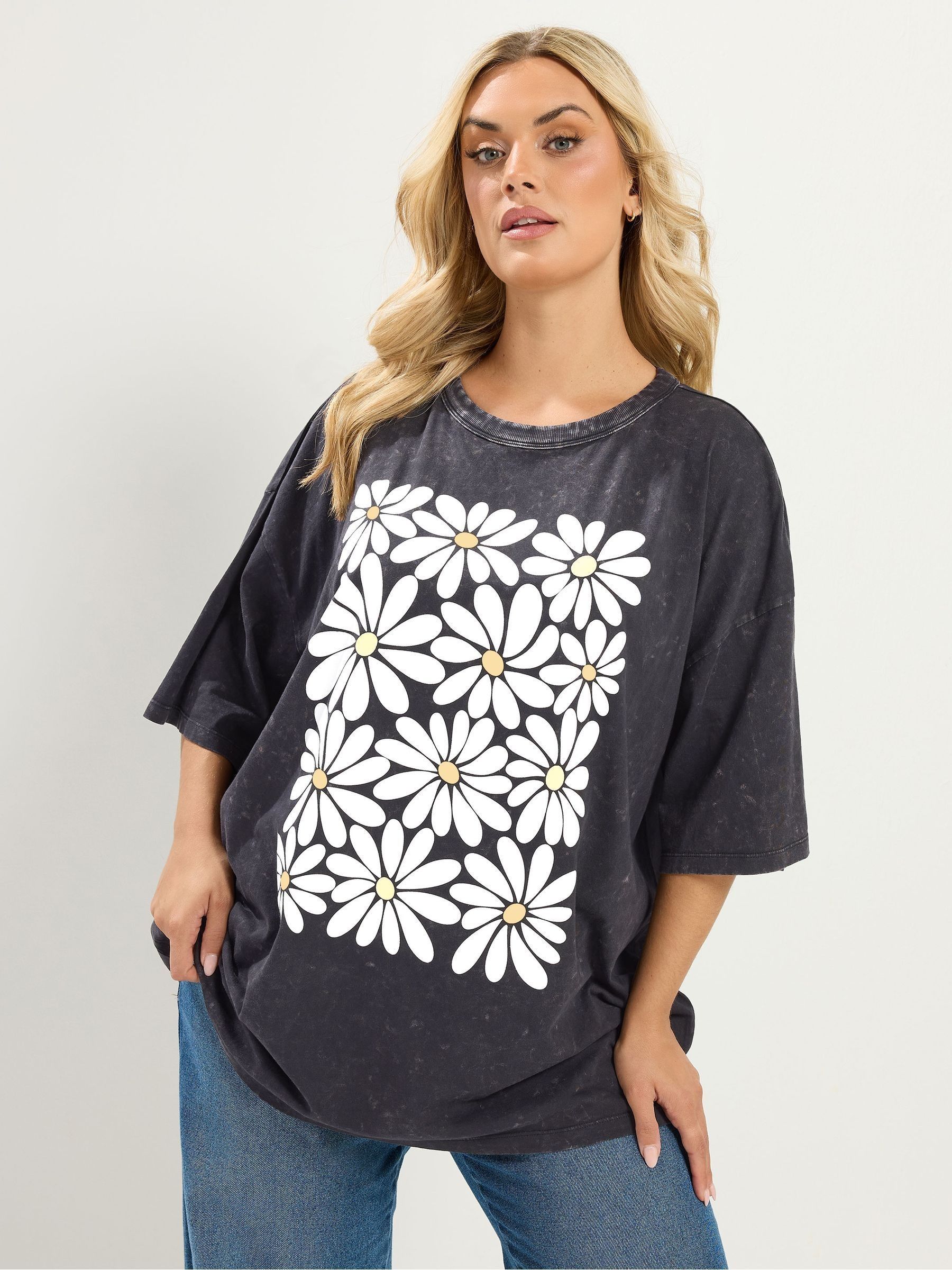 Buy Yours Curve Grey Acid Wash Boxy Daisy Print T-Shirt from Next USA