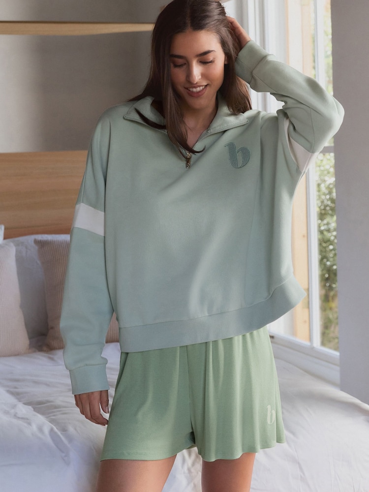 B by Ted Baker Sage Green/Ecru Cotton Quarter Zip Sweatshirt - Image 2 of 5
