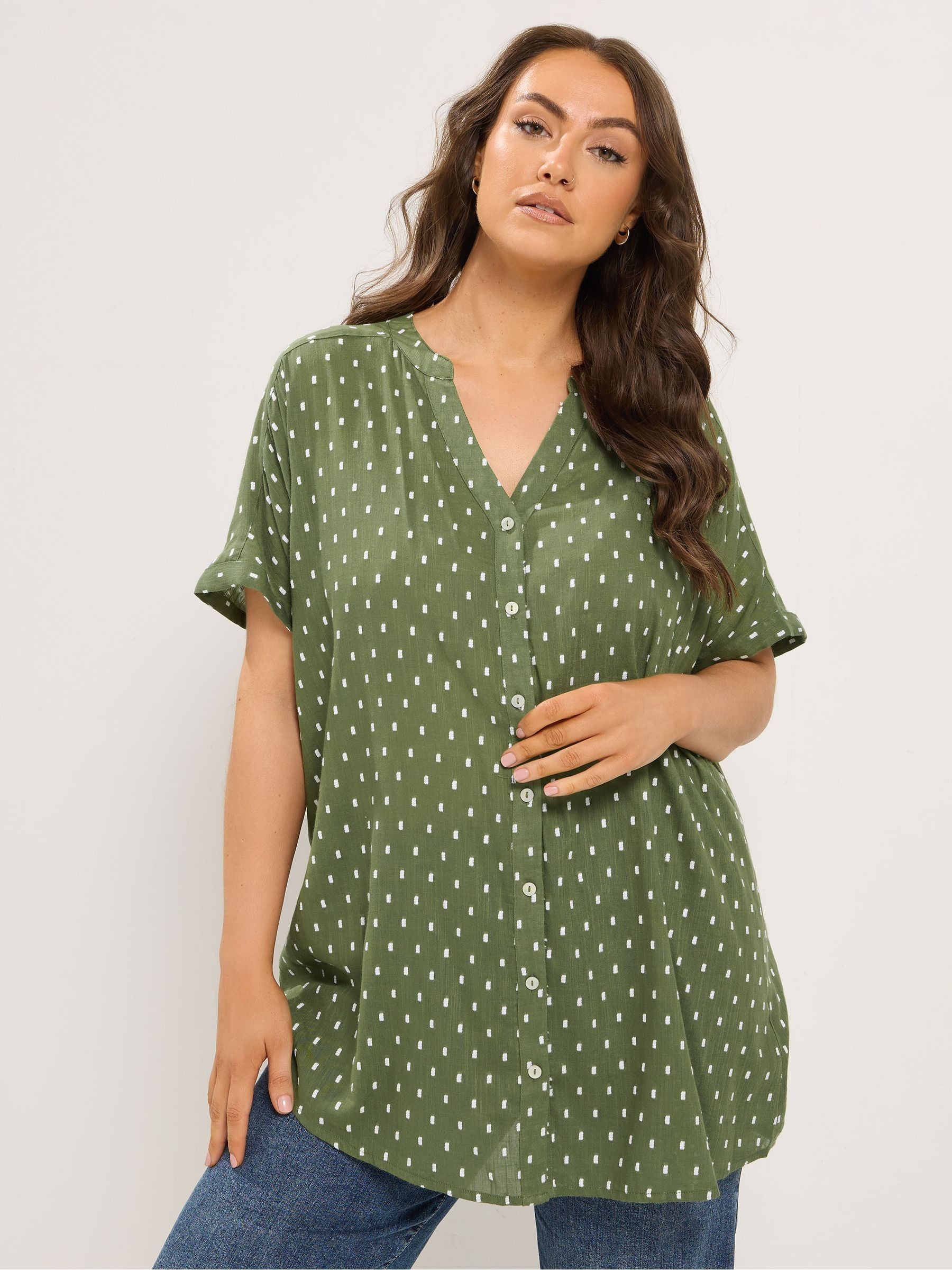 Yours Curve Women's Green Dobby Notch Neck Blouse
