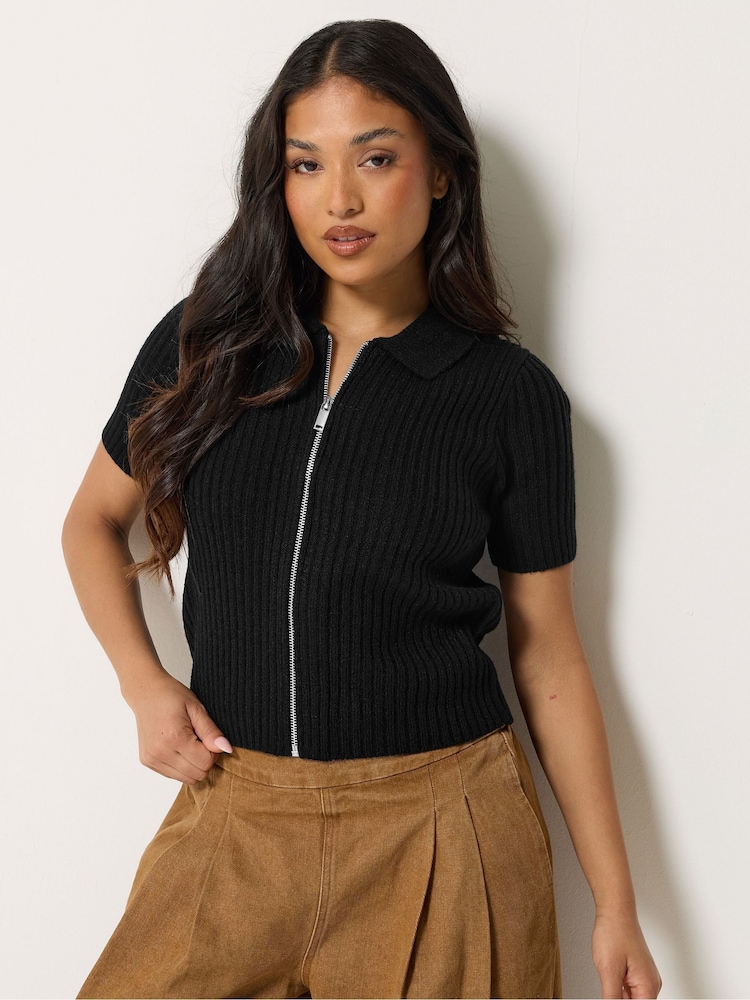 PixieGirl Petite Black Short Sleeve Knitted Zip Cardigan - Image 1 of 4 PixieGirl Petite Black Short Sleeve Knitted Zip Cardigan - Image 1 of 4