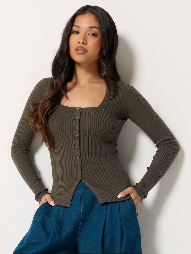 PixieGirl Petite Brown Ribbed Button Scoop Neck Jumper - Image 1 of 6 PixieGirl Petite Brown Ribbed Button Scoop Neck Jumper - Image 1 of 6