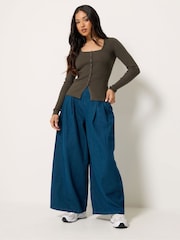 PixieGirl Petite Brown Ribbed Button Scoop Neck Jumper - Image 2 of 6