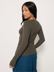PixieGirl Petite Brown Ribbed Button Scoop Neck Jumper - Image 3 of 6