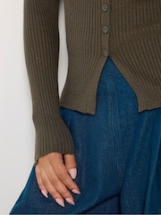 PixieGirl Petite Brown Ribbed Button Scoop Neck Jumper - Image 4 of 6