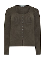 PixieGirl Petite Brown Ribbed Button Scoop Neck Jumper - Image 5 of 6