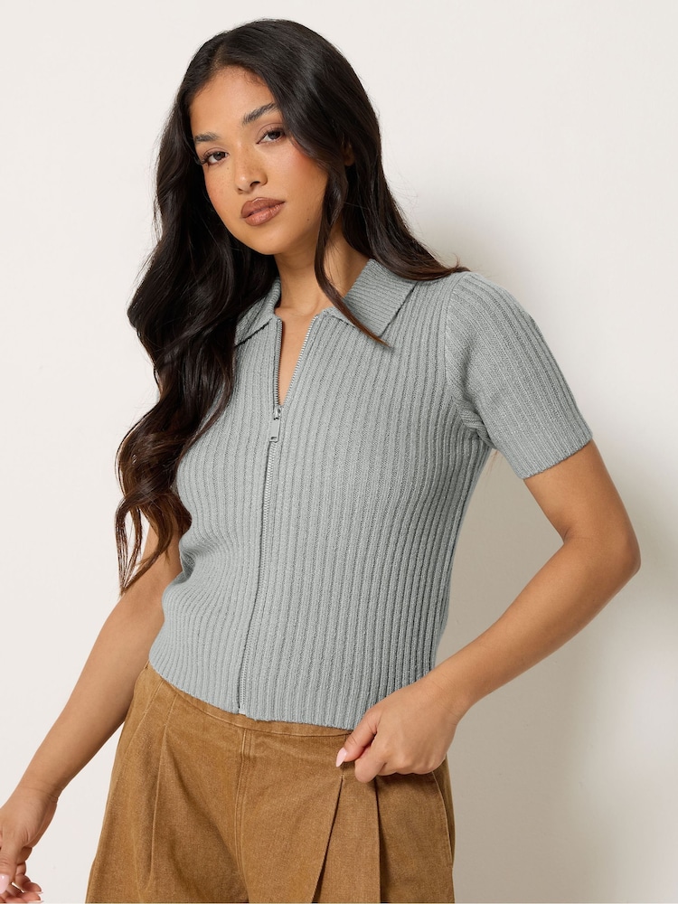 PixieGirl Petite Grey Short Sleeve Knitted Zip Cardigan - Image 1 of 6 PixieGirl Petite Grey Short Sleeve Knitted Zip Cardigan - Image 1 of 6