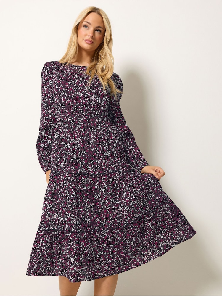M&Co Black Ditsy Ruffle Insert Long Sleeve Dress - Image 1 of 6 M&Co Black Ditsy Ruffle Insert Long Sleeve Dress - Image 1 of 6