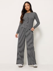 PixieGirl Petite Black Stripe Cotton Button Top & Wide Leg Trousers Set - Image 1 of 4